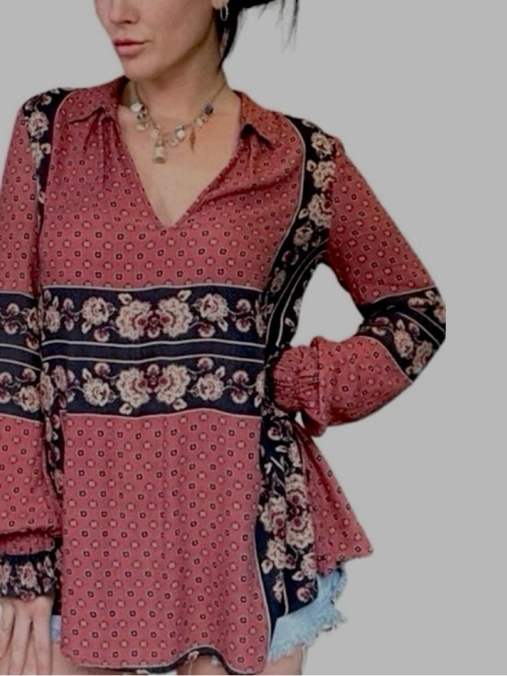 Free People Rose Patchwork Boho Tunic Top blouse XS Euc